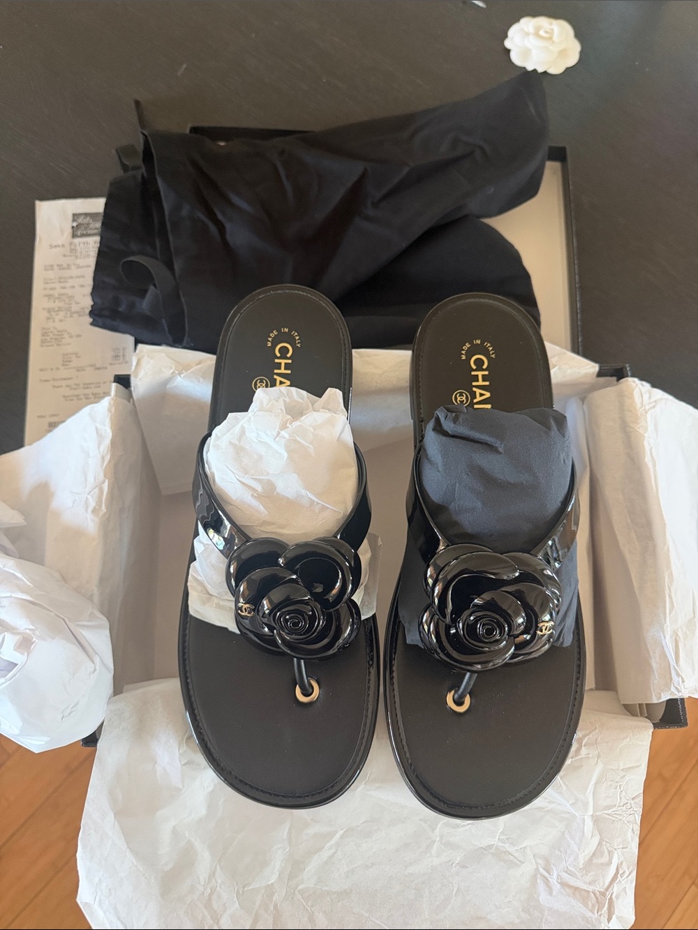 CHANEL Black Patent Camellia Thong Sandals